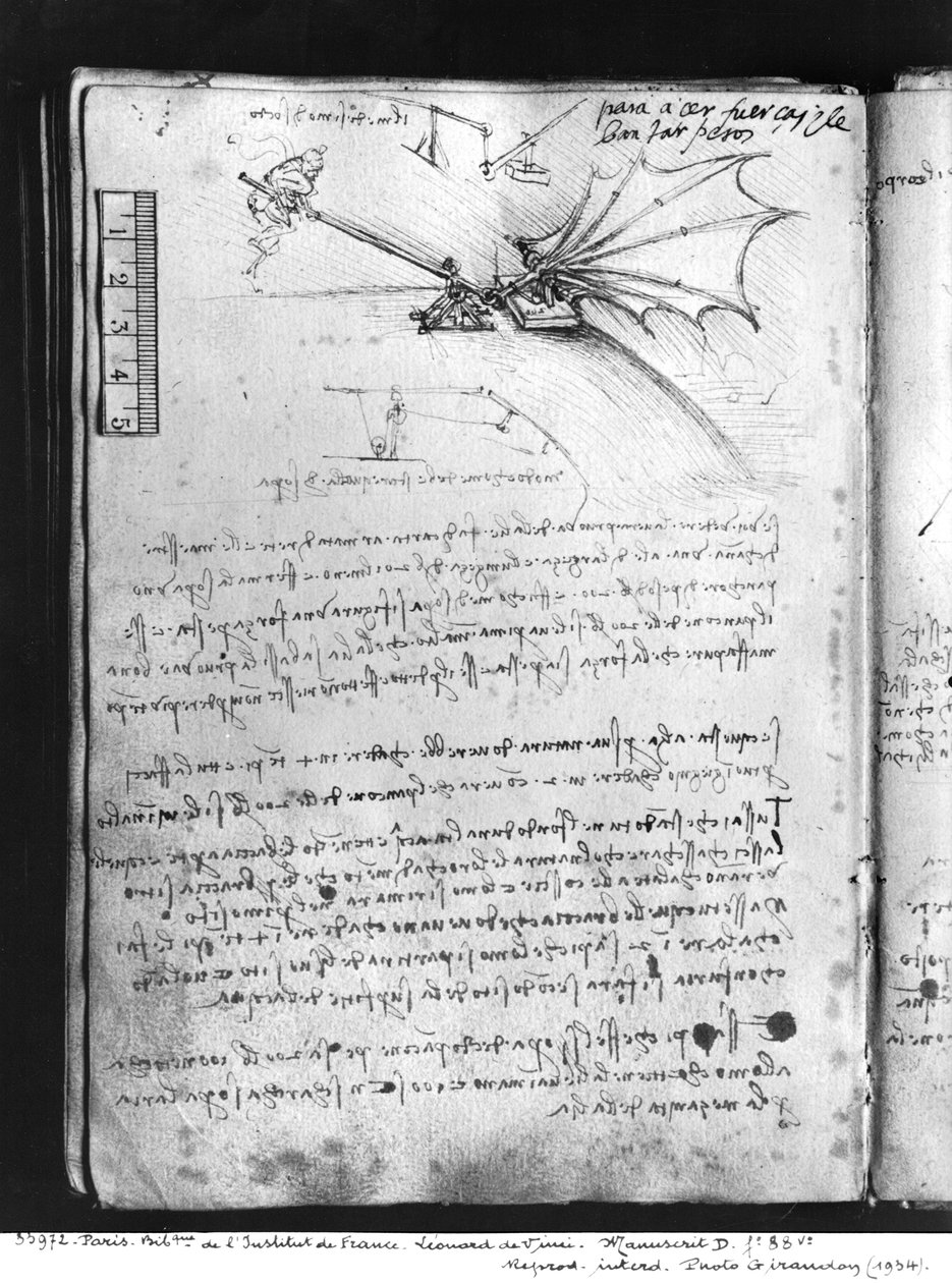 MS B fol.88v Testar belastningstoleransen för en vinge, 1487-90 (penna och bläck på papper) av Leonardo da Vinci