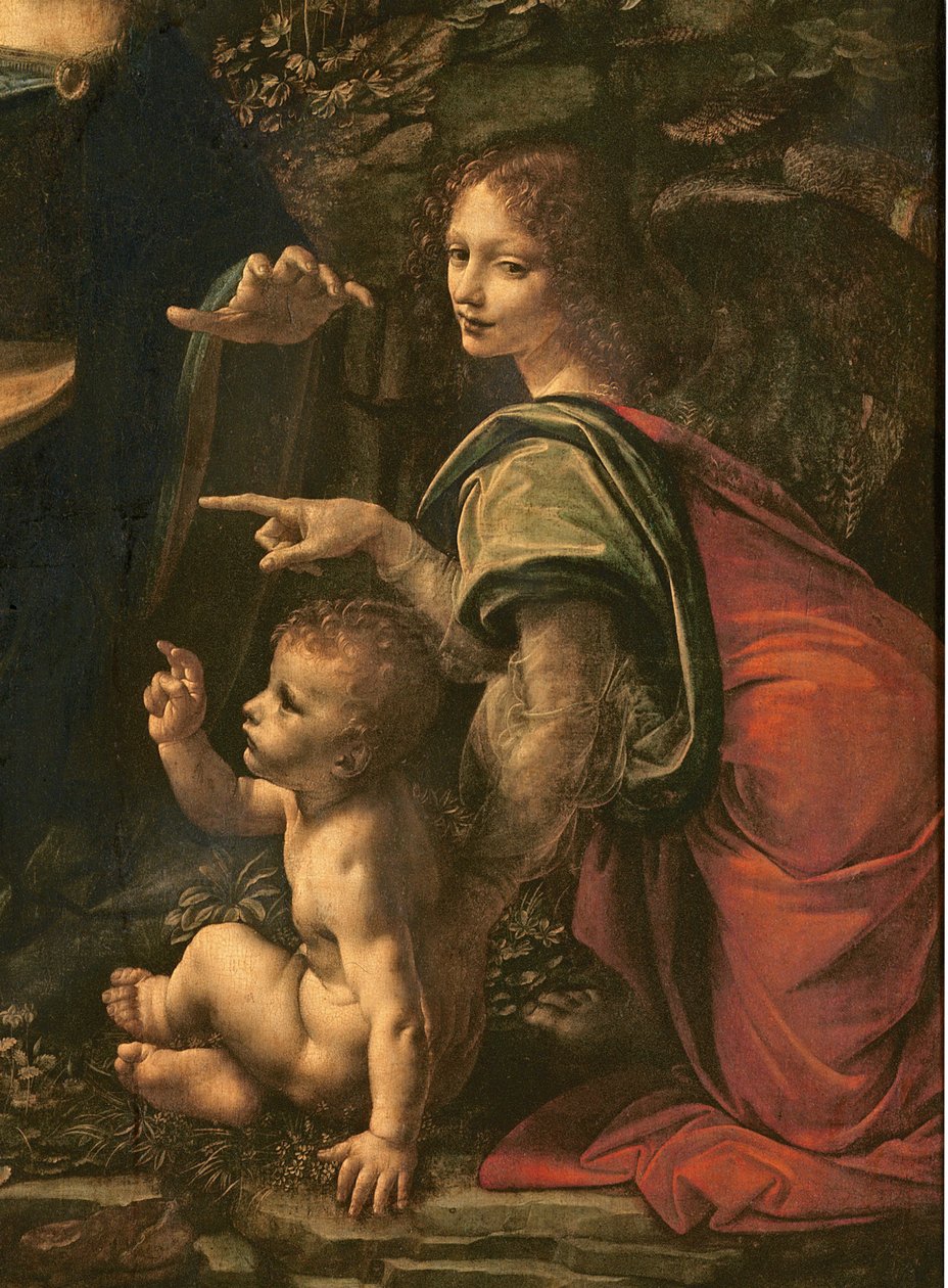 Madonna of the Rocks detalj av Saint John and the Angel, 1483-6 olja på duk av Leonardo da Vinci