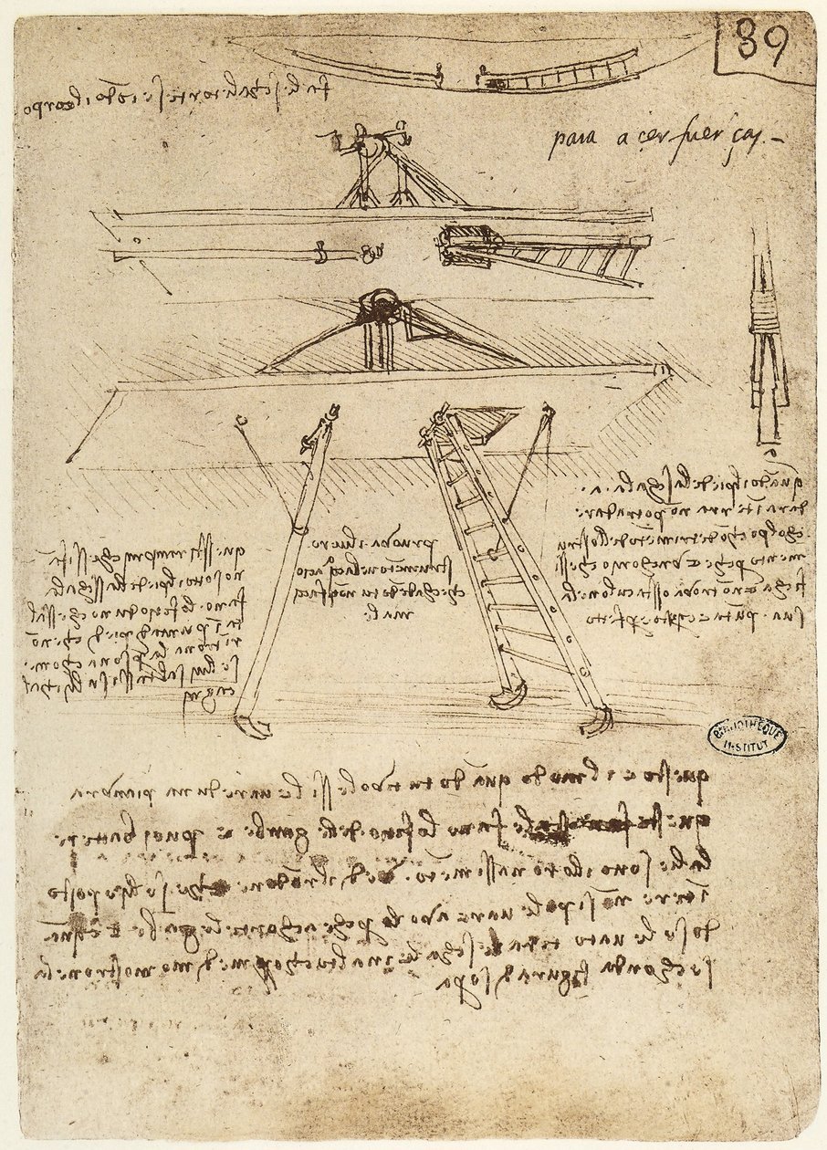 Ms B fol.89r Start- och landningsställ för en flygande maskin, 1487-90 av Leonardo da Vinci