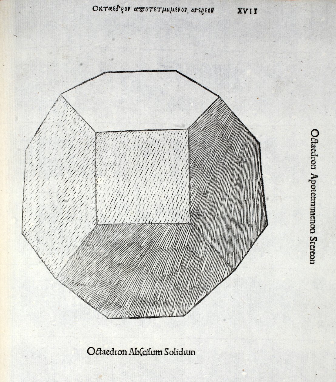Octocedron avskuren solid, illustration från "Divine Proportion" av Luca Pacioli (c.1445-1517), ursprungligen pub. Venedig, 1509 av Leonardo da Vinci