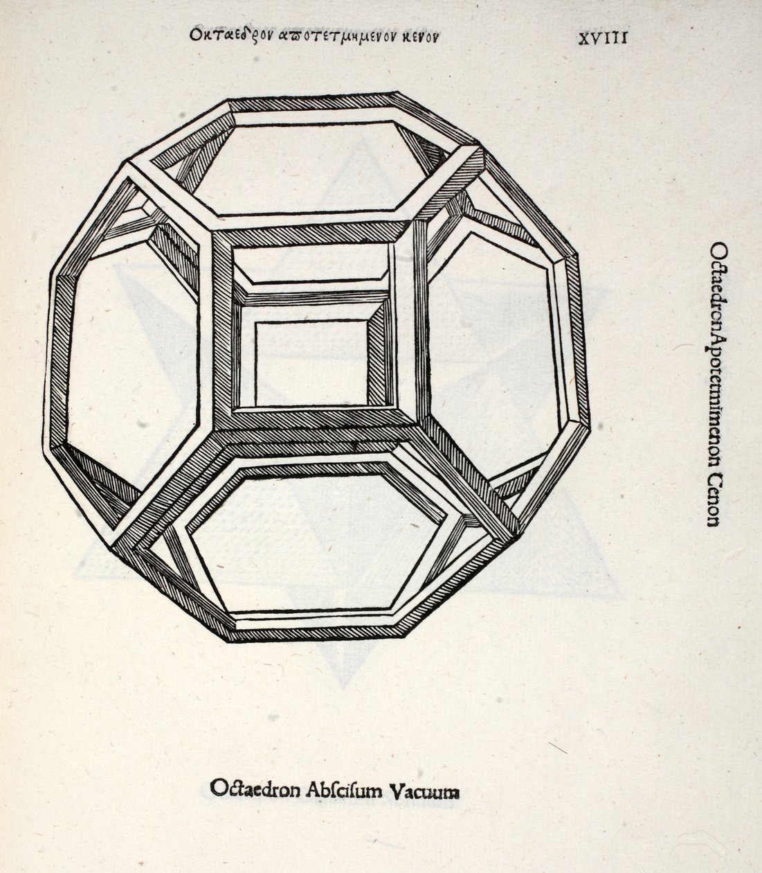 Octocedron abscissum vakuum, illustration från "Divine Proportion" av Luca Pacioli (c.1445-1517), ursprungligen pub. Venedig, 1509 av Leonardo da Vinci