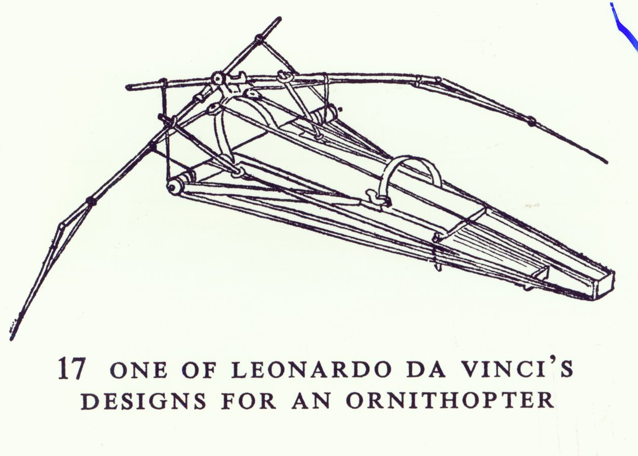 En av Leonardo da Vincis ritningar för en ornitopter, kopia av ett diagram från manuskript B, 1488-89. av Leonardo da Vinci