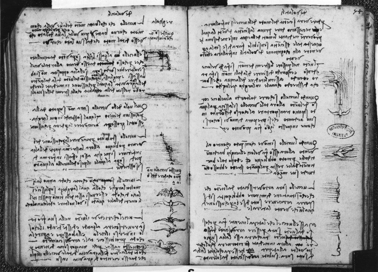 Parismanuskript E, fol. 53v och 54r: Skiss som skildrar fåglarnas flykt, 1513-14 (penna och bläck på papper). av Leonardo da Vinci