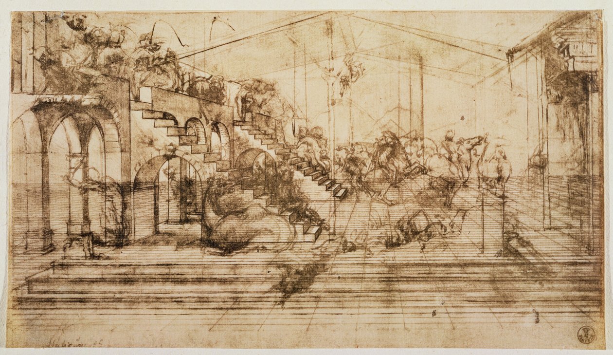 Perspektivstudie för bakgrunden till The Adoration of the Magi (penna och bläck på papper) av Leonardo da Vinci