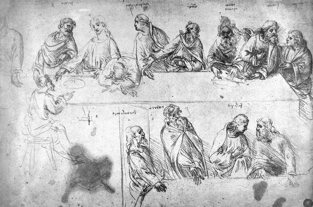 Förberedande teckning för den sista måltiden (sepiafärg på linnepapper) av Leonardo da Vinci