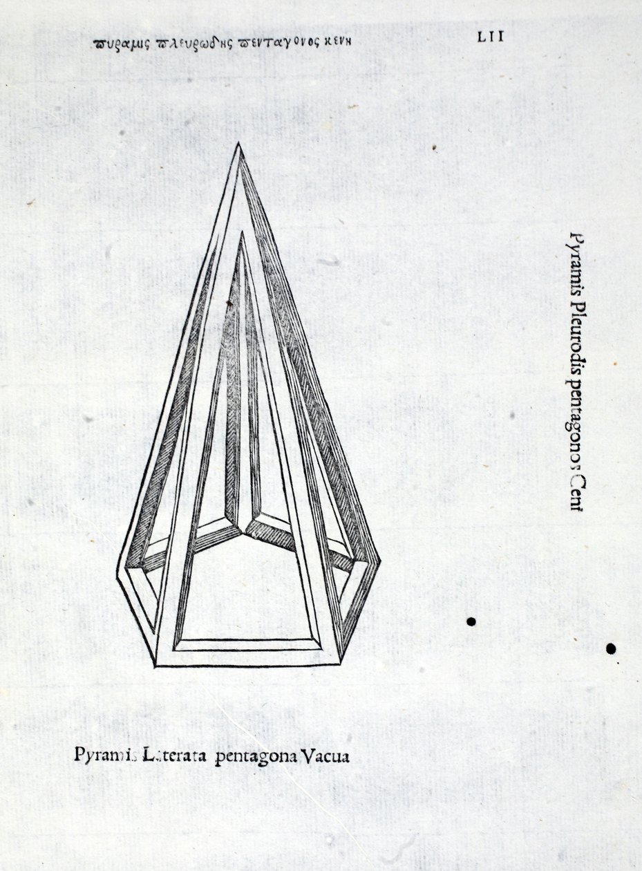 En tom femkantig pyramid, illustration från "Divine Proportion" av Luca Pacioli (c.1445-1517), ursprungligen pub. Venedig, 1509 av Leonardo da Vinci
