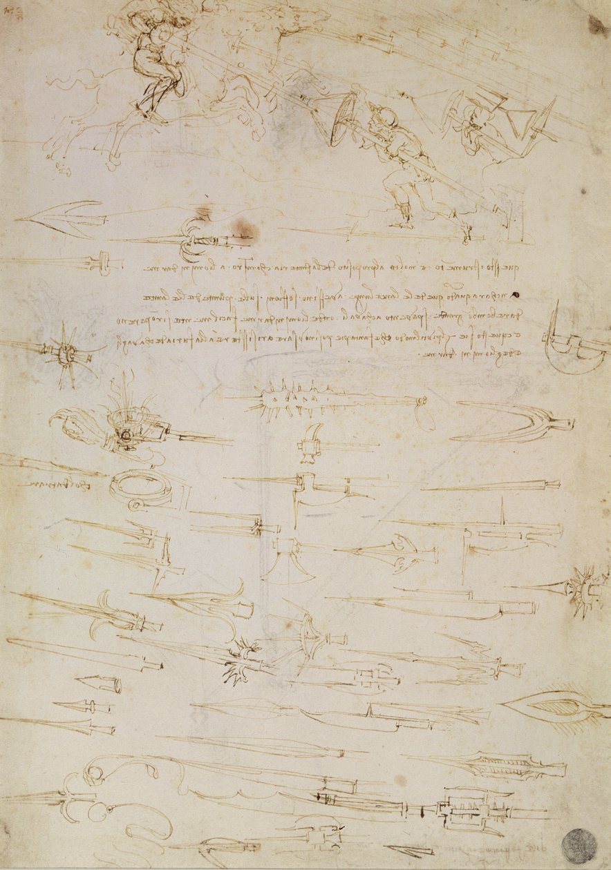 Blad med studier av fotfolk och ryttare i strid samt halvards, 1485-1488 (penna och bläck på papper) av Leonardo da Vinci