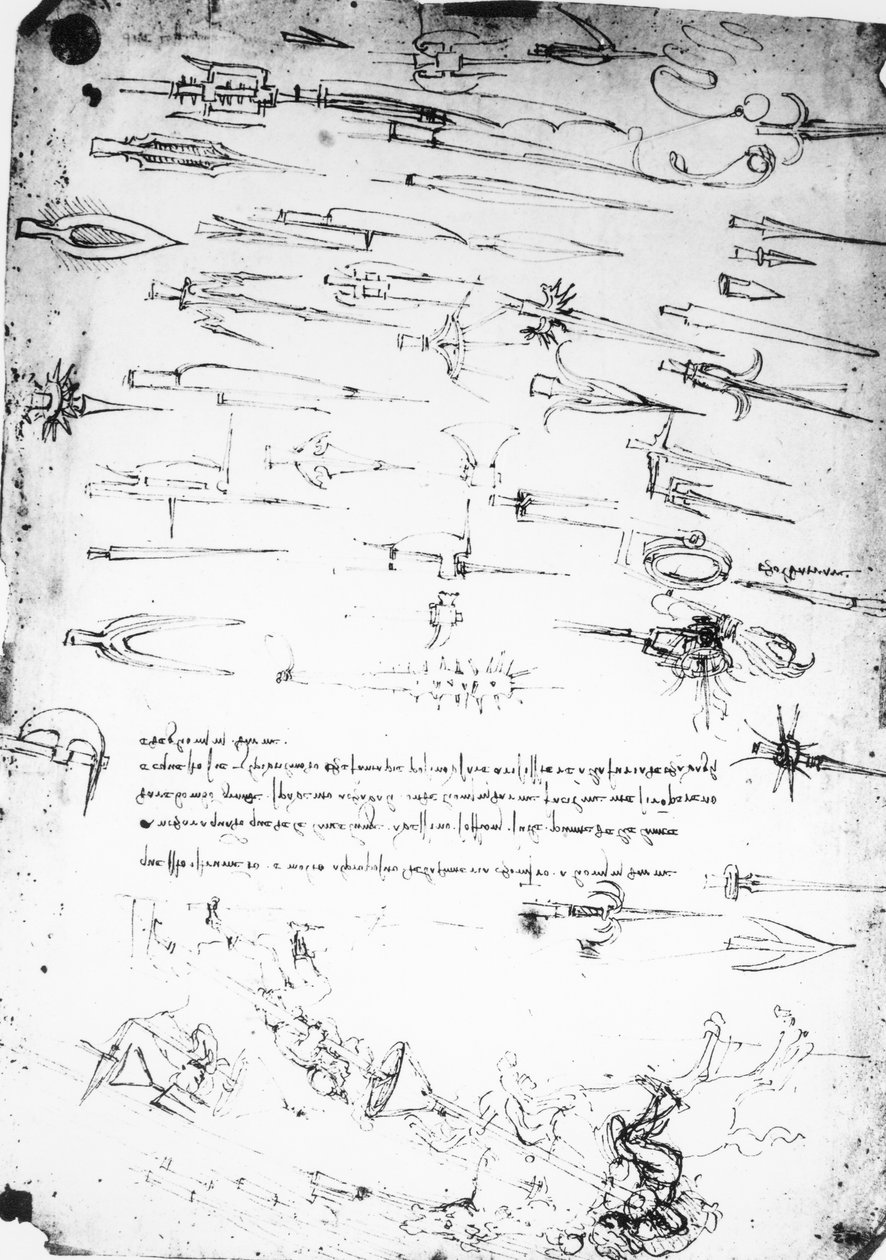 Ark med studier av fotsoldater och ryttare i strid och halbarder, 1485-1488 av Leonardo da Vinci
