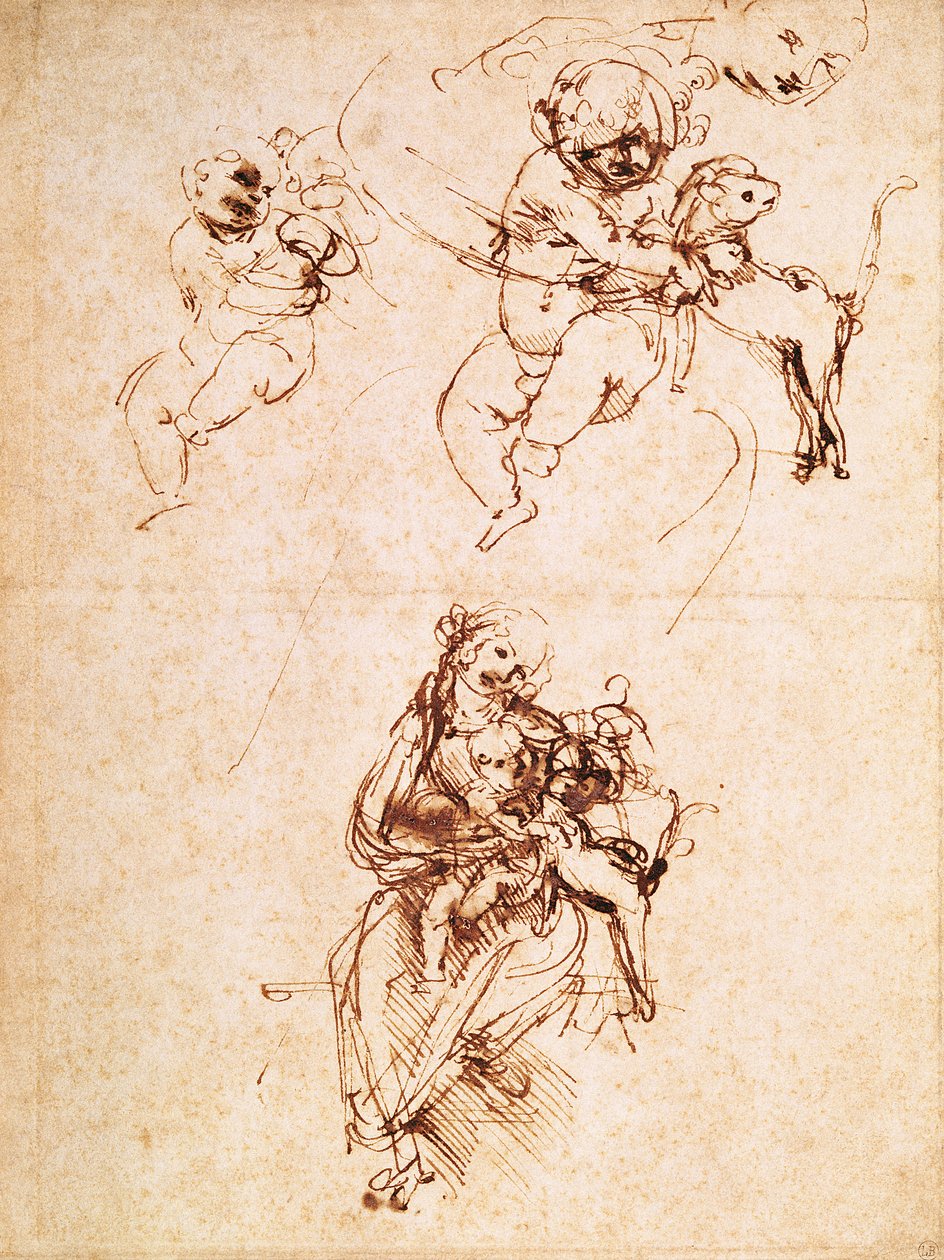 Studier för en madonna med en katt, ca 1478-80 (penna och bläck på papper) av Leonardo da Vinci