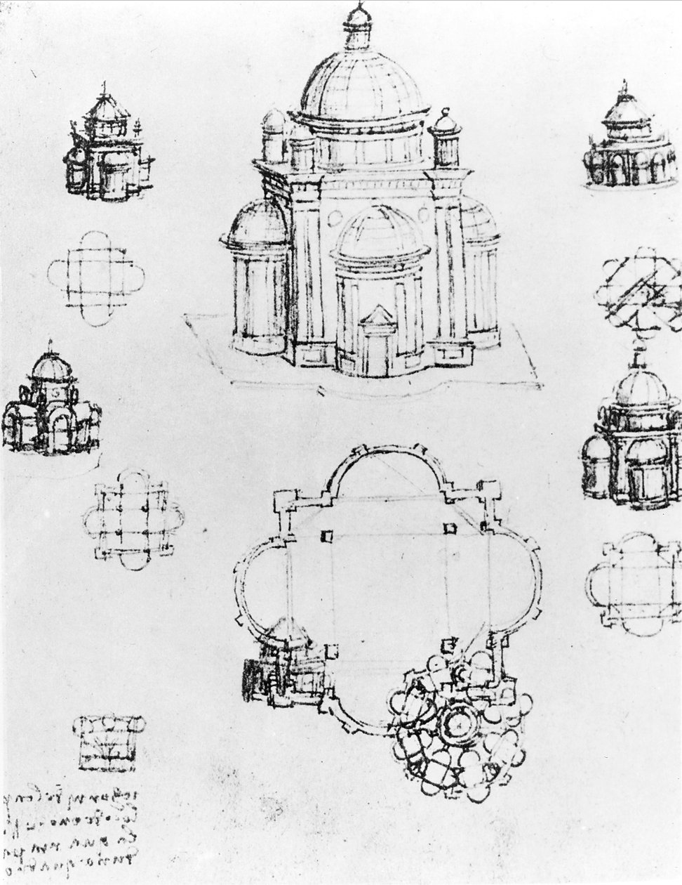 Studier för en byggnad av centraliserad plan, detalj av fol. 3v från Codex Ashburnham I och II tidigare del av manuskript B 2184, c.1492 penna och bläck på papper av Leonardo da Vinci
