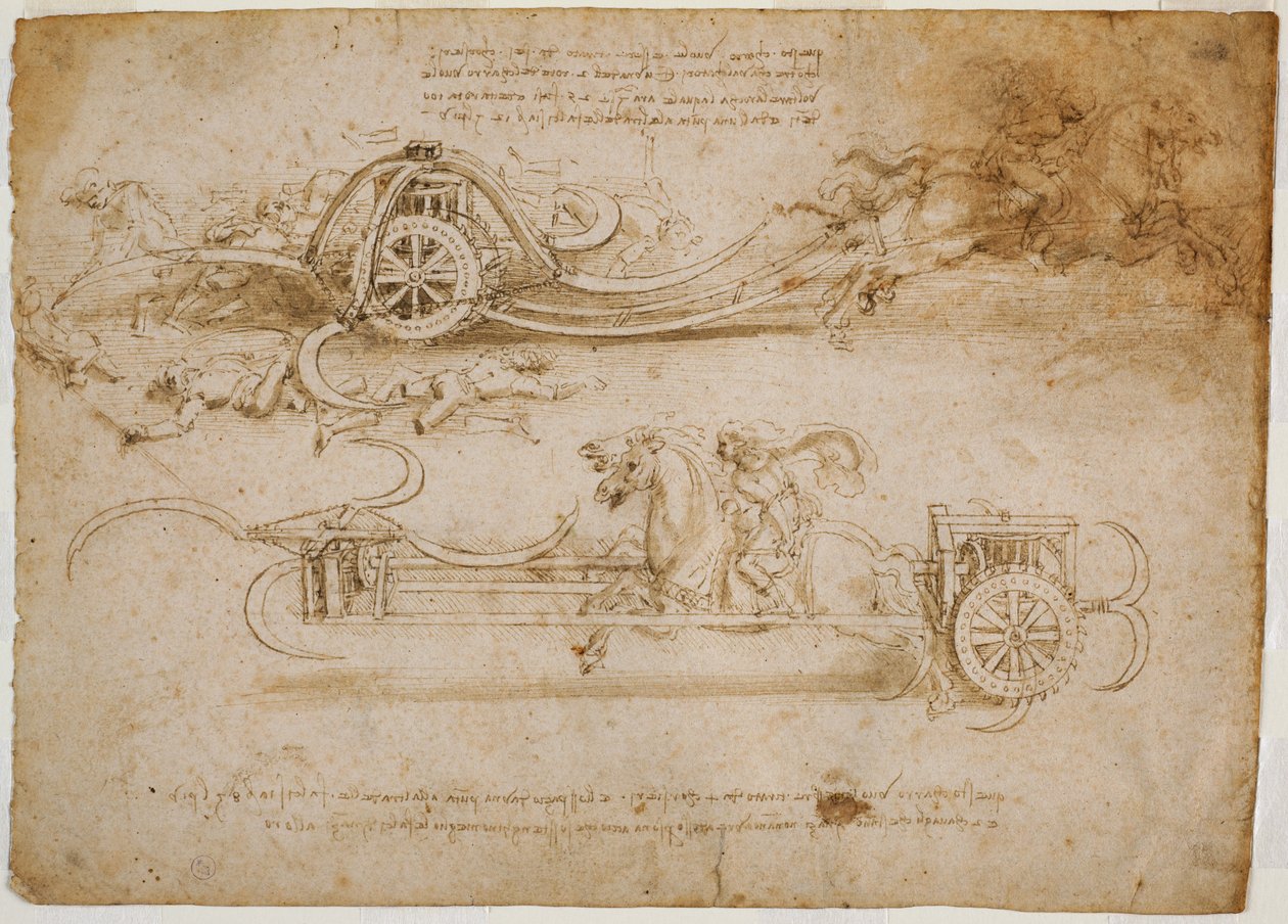 Studier av attacktankar med lie, ca. 1485 (penna och brunt bläck med spår av metallisk spets på papper) av Leonardo da Vinci