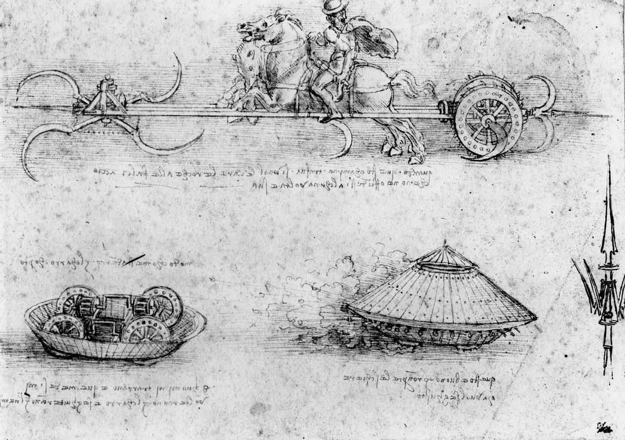 Studier av militära stridsvagnsliknande maskiner; inklusive en högst upp med hästar som drar en grej med roterande lie, c.1485 (penna och bläck och brun tvätt på papper) av Leonardo da Vinci