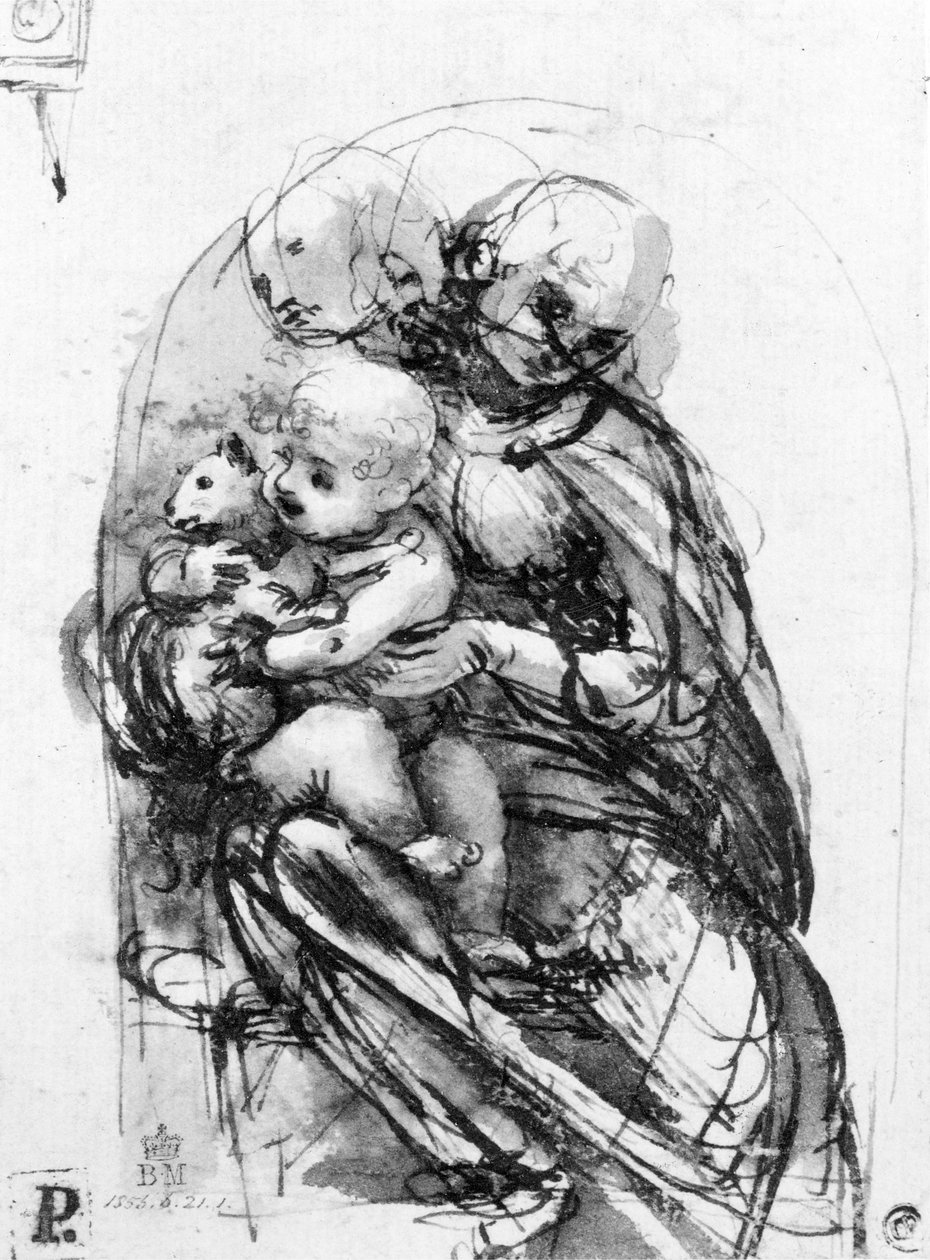 Studera för en Madonna med en katt, ca 1478-80 (penna och bläck över pennan underritning på papper) av Leonardo da Vinci