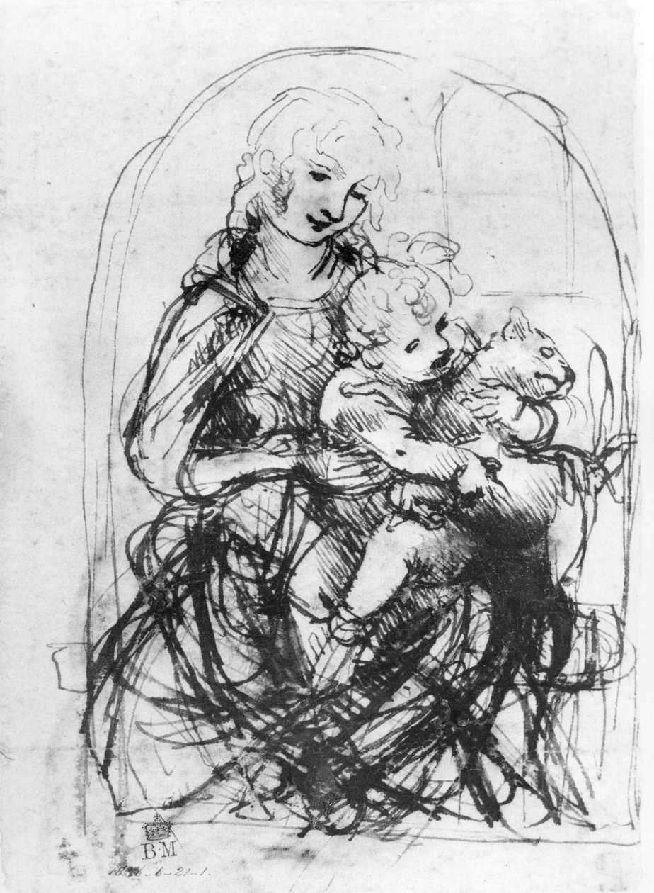 Studera för en Madonna med en katt, ca 1478-80 (penna och bläck över pennan underritning på papper) av Leonardo da Vinci