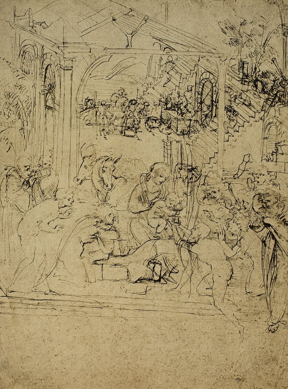 Studie för tillbedjan av männen; teckning av Leonardo da Vinci. Louvren, Paris av Leonardo da Vinci