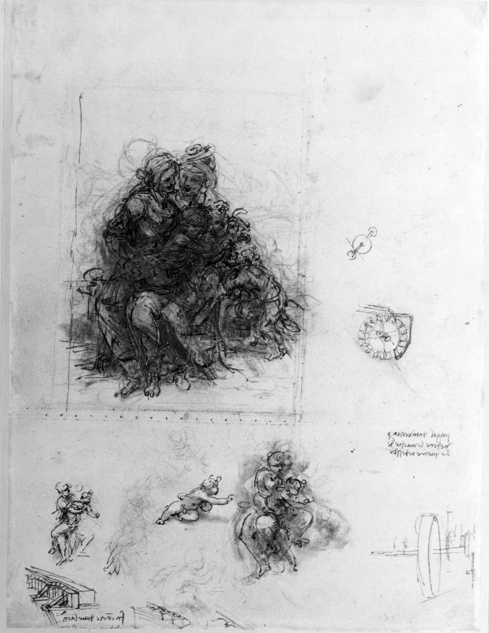 Studie för jungfrun och barnet med St. Anne, ca 1501 (penna och bläck över svart krita på papper) av Leonardo da Vinci