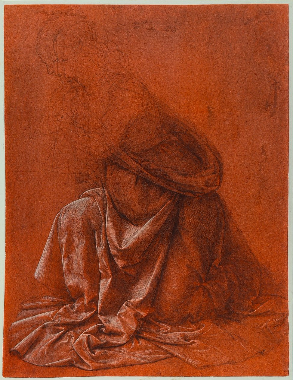 Studera för vecken av klänningen av en kvinnlig figur; silverspets- och tvättteckning förhöjd med vitt på rött papper, av Leonardo da Vinci. Galleria Nazionale dArte Antica, Palazzo Corsini, Rom av Leonardo da Vinci