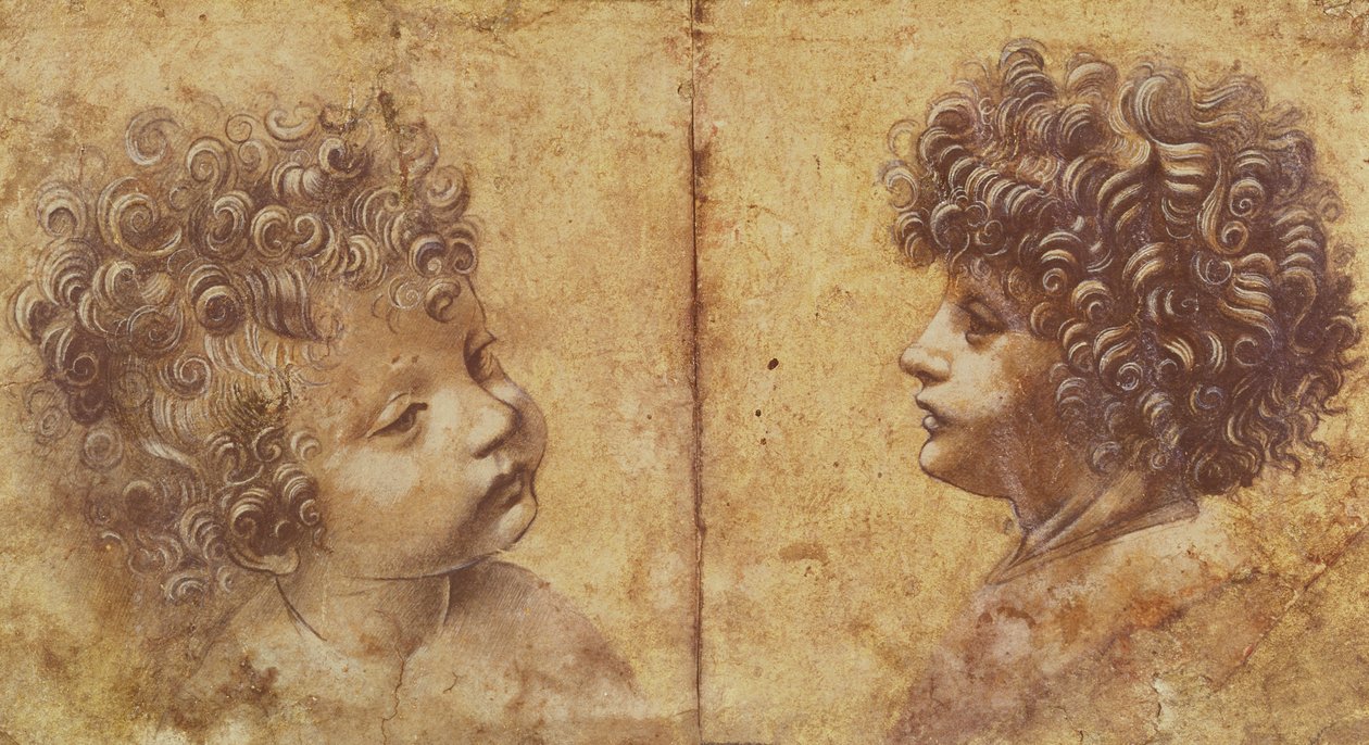 Studie av ett barns huvud (röd krita förhöjd med vitt på papper) av Leonardo da Vinci