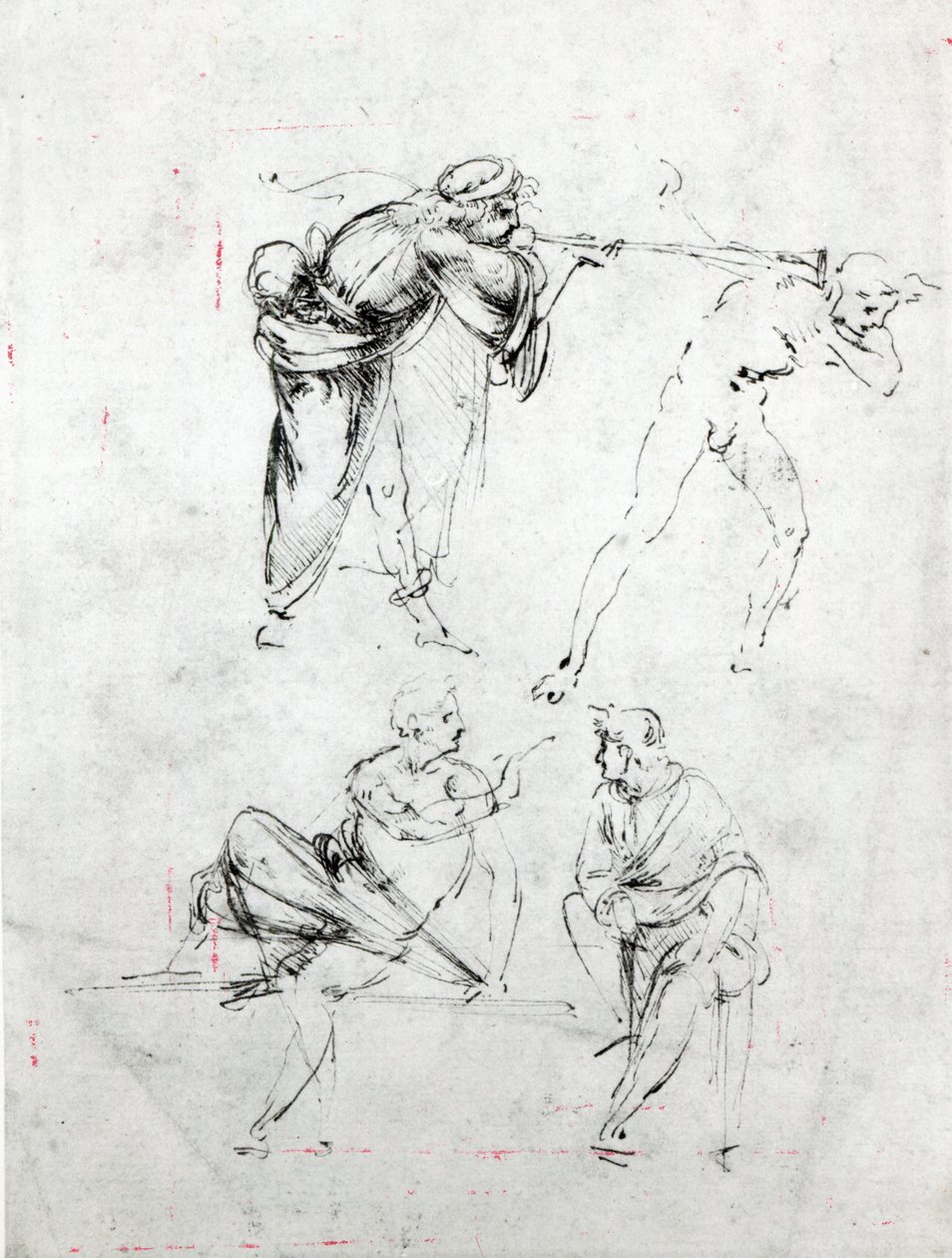 Studie av en man som blåser en trumpet i en annans öra, och två figurer i samtal, ca 1480-82 (penna och bläck på papper) av Leonardo da Vinci