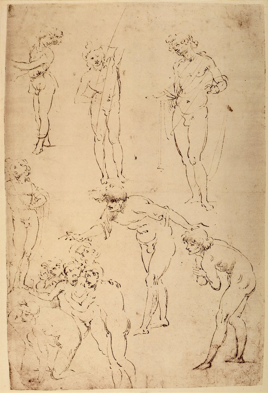 Studie av herdar för tillbedjan av Magi; pennteckning på vitt papper av Leonardo da Vinci bevarad i Wallraf-Richartz-museet i Köln. av Leonardo da Vinci