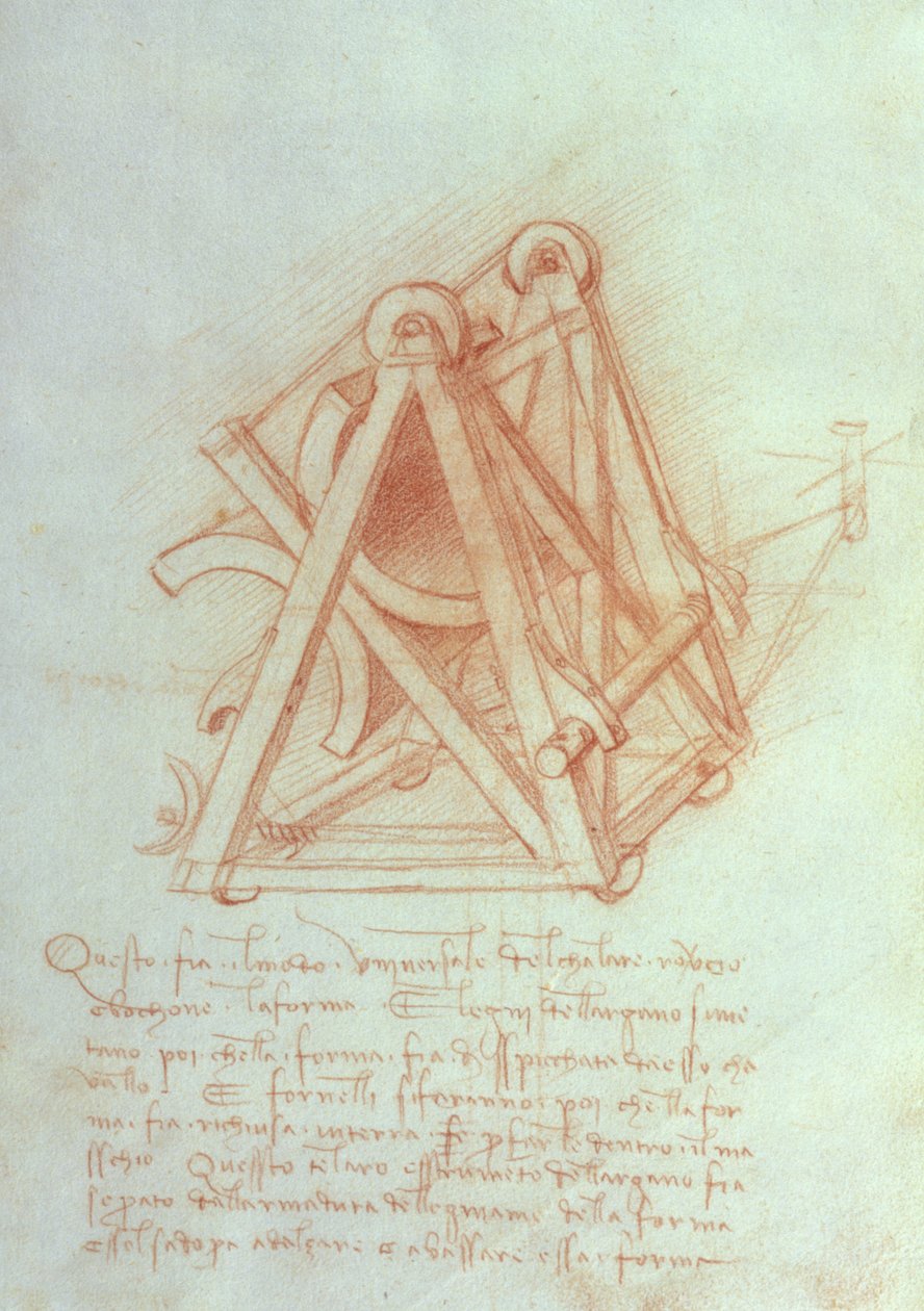 Studie av träramverket med gjutform för Sforzahästen, fol. 154v från Codex Madrid II, c.1491-93 (penna och brunt bläck på papper) av Leonardo da Vinci