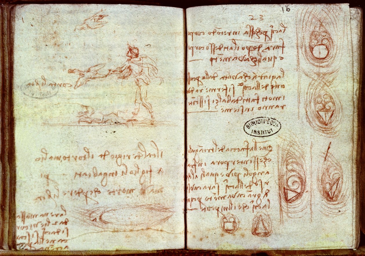 Studie af de forskellige aerodynamiske kvaliteter af forskellige former med en skitse af en mand og to fugle, Ms 7 (brunt kridt på papir) swed av Leonardo da Vinci