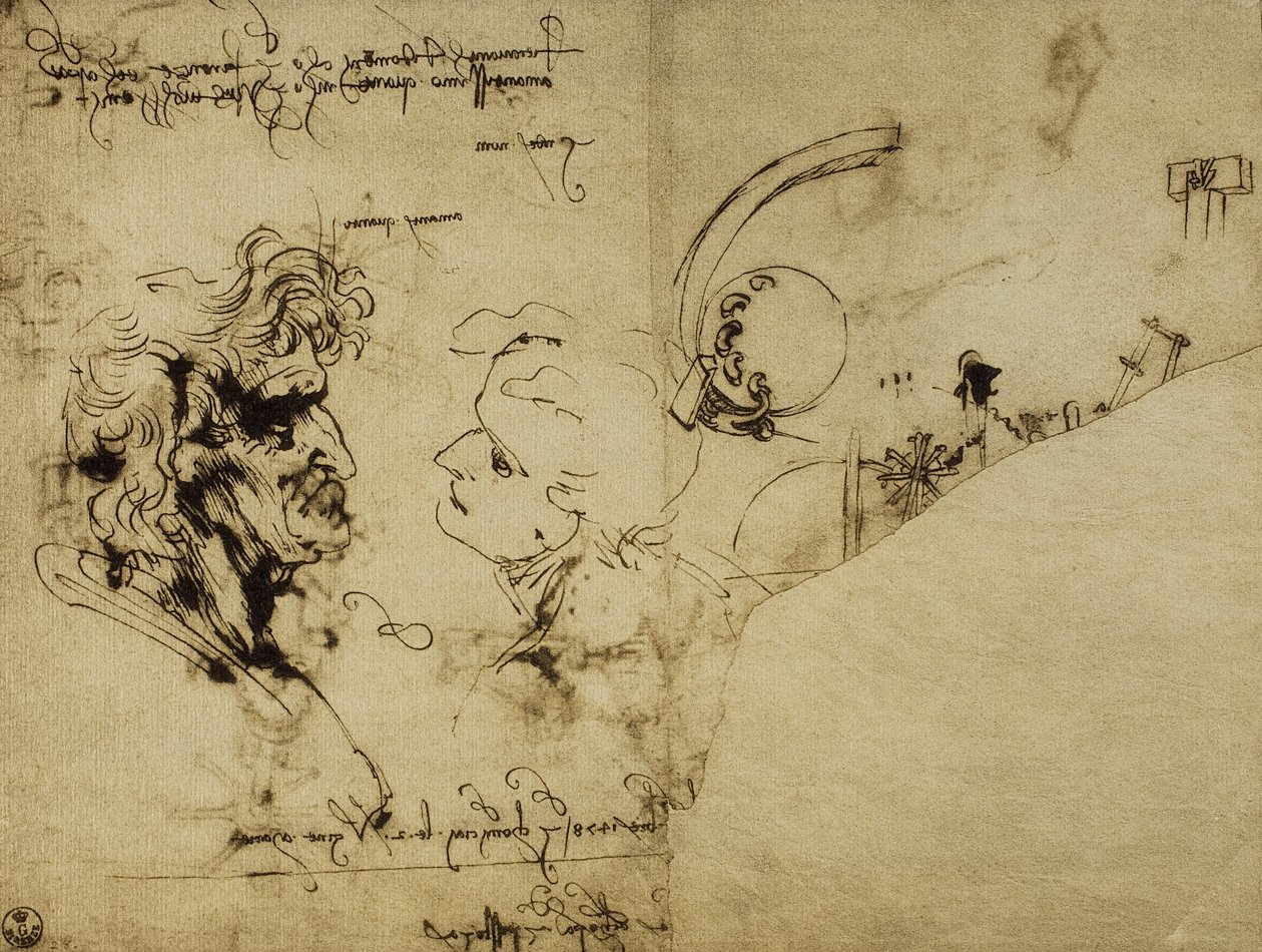 Studie av olika figurer och och gammal mans huvud; teckning av Leonardo da Vinci. Cabinet of Drawings and Prints, Uffizi Gallery, Florens av Leonardo da Vinci