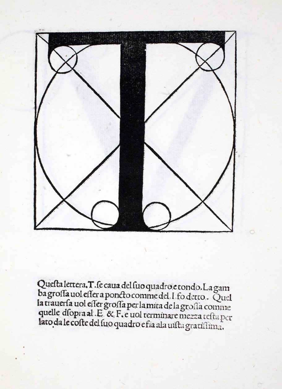 T, illustration från "Divina Proportione" av Luca Pacioli (c.1445-1517), ursprungligen pub. Venedig, 1509 av Leonardo da Vinci