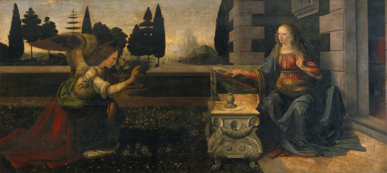 Bebådelsen, 1472-1475 (för restaurering) av Leonardo da Vinci