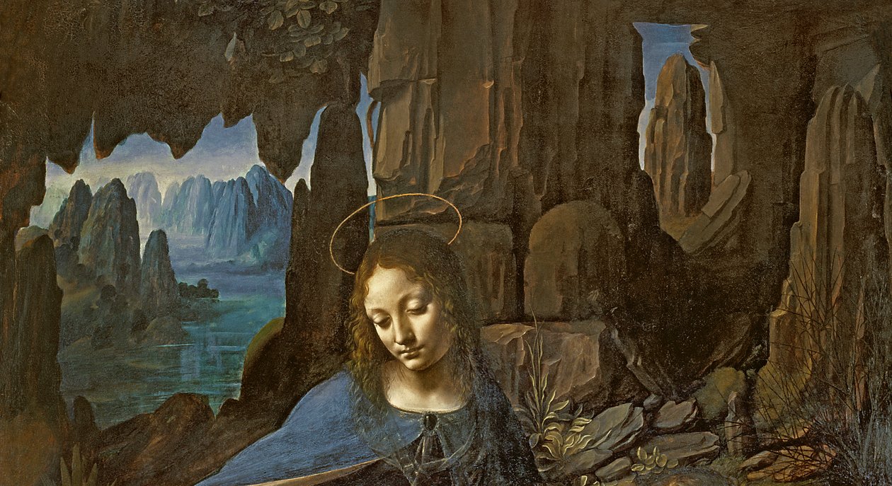 Klippornas jungfru med spädbarnet Johannes som tillber Kristusbarnet tillsammans med en ängel, ca 1508 olja på panel detalj av 28916 av Leonardo da Vinci