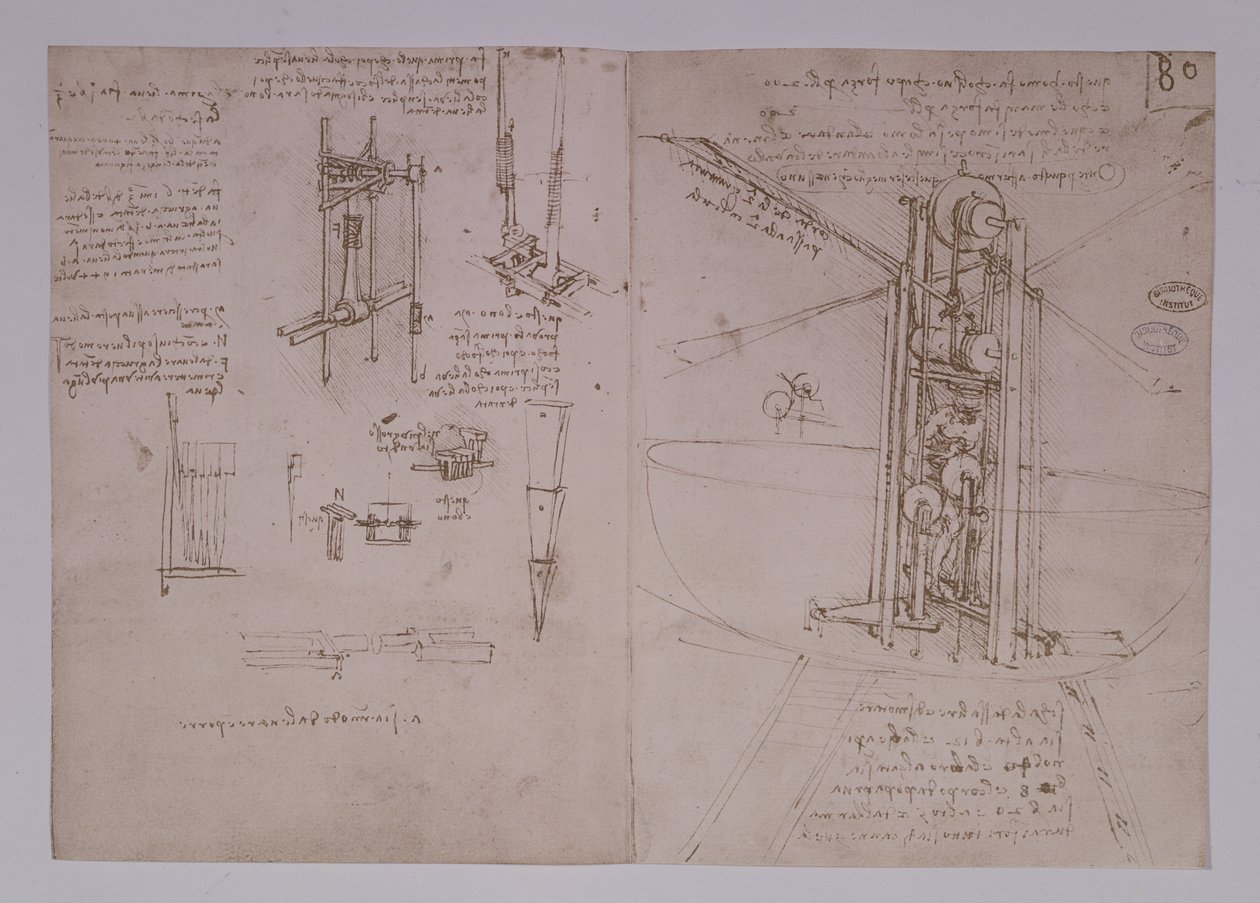 Vertikalt stående fågelvingad flygmaskin, fol. 80r från Paris Manuscript B, 1488-90 (penna och bläck på papper) av Leonardo da Vinci