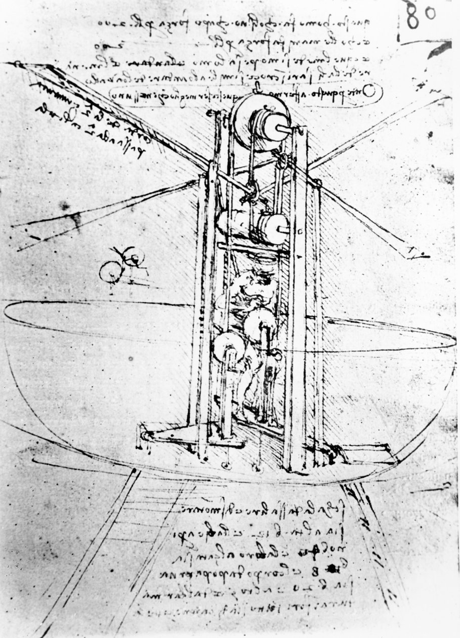 Vertikalt stående fågelvingad flygmaskin, fol. 80r från Paris Manuscript B, 1488-90 (penna och bläck på papper) av Leonardo da Vinci