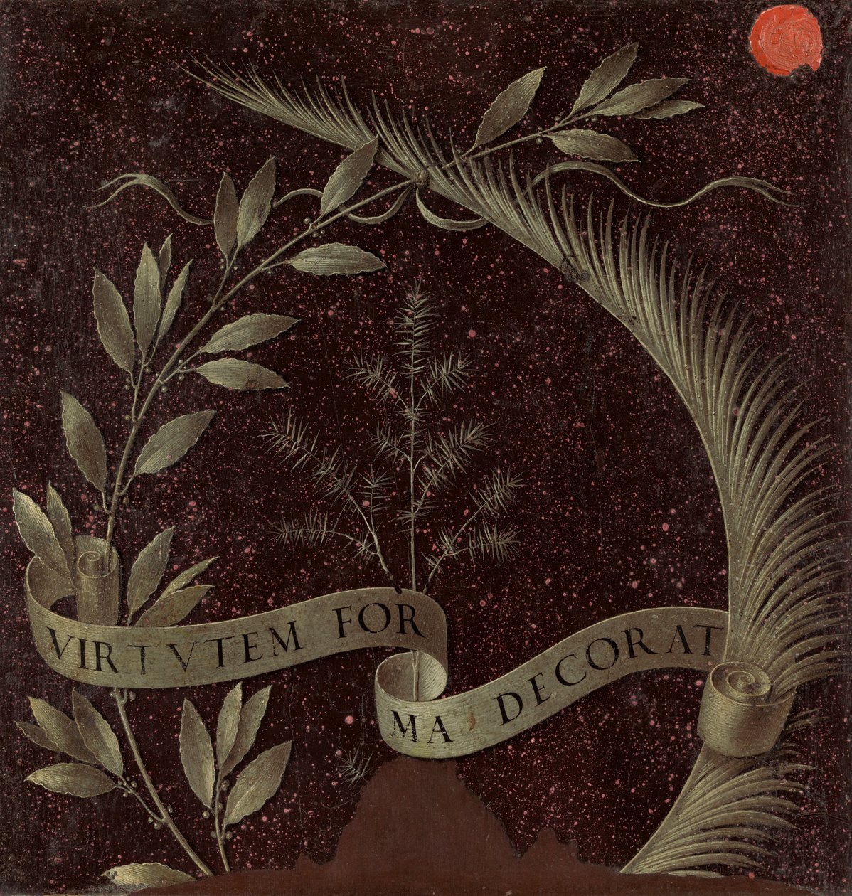 Wreath of Laurel, Palm, and Juniper with a Scroll inscribed Virtutem Forum Decorat (reverse) av Leonardo da Vinci