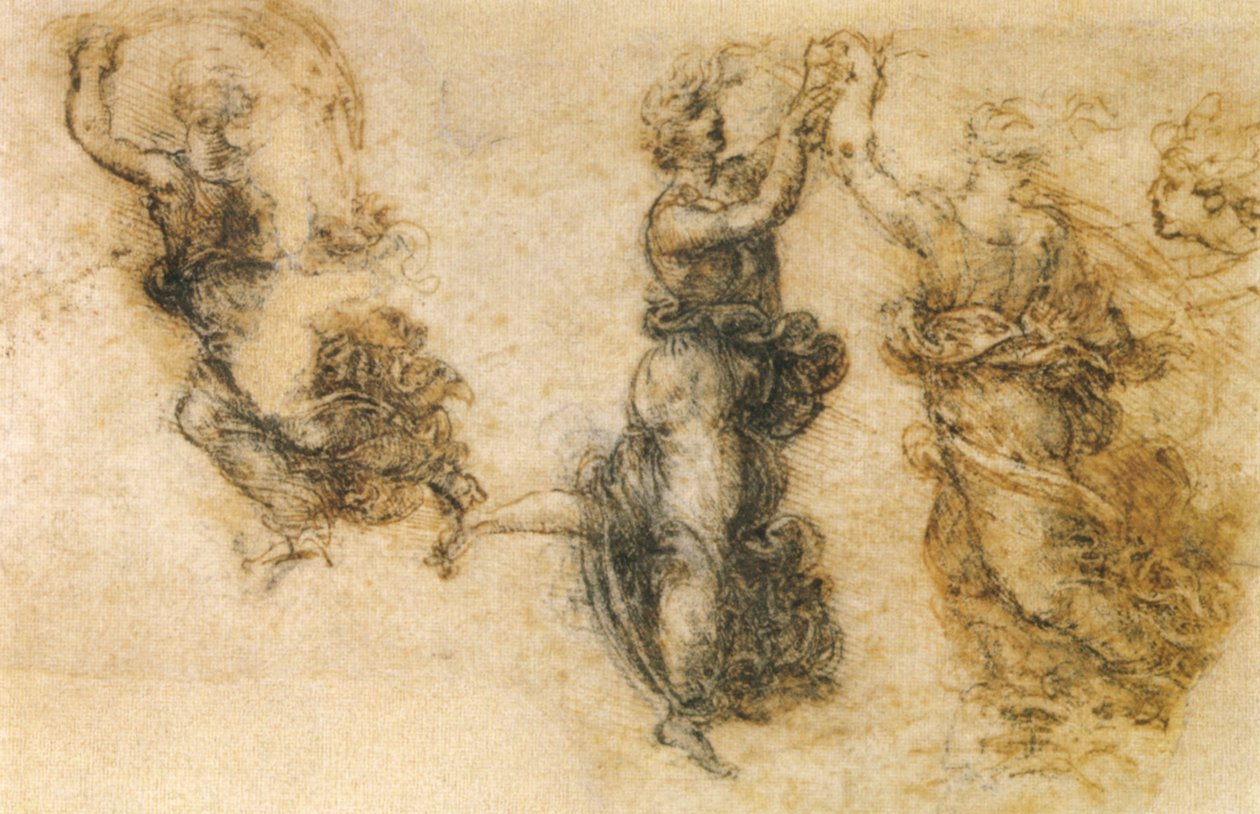 studio di tre figure danzanti av Leonardo da Vinci