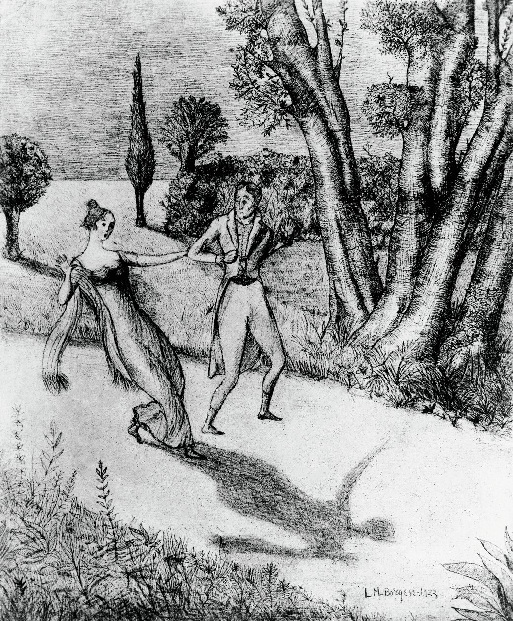 Peter, skräckinjagande skugga mindre människa, illustration till Peter Schlemihls mirakulösa historia, novell av Adalbert von Chamisso (1781-1838), litografi efter målning av Leonardo Borgese (1904-1986), utgiven av Modiano av Leonardo Borgese