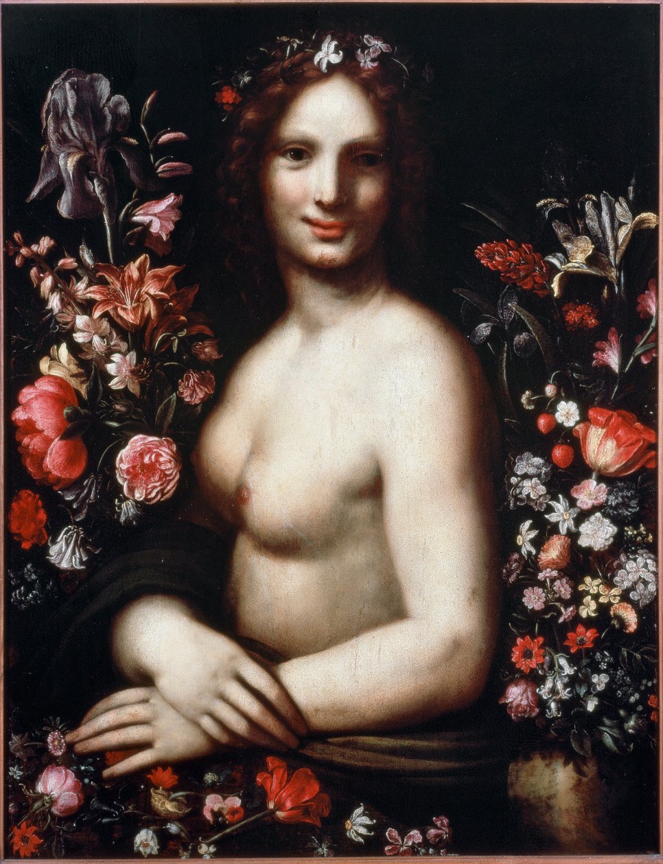 Byst av en ung kvinna som heter Flora (Flora) bland blommorna Modellen skulle vara Mona Lisa (Mona eller Monna Lisa) målning efter en teckning av Leonardo da Vinci (Leonard de Vinci) (1452-1519) 1600-talets Bergamo, accademia Carrara av Leonardo da (after) Vinci