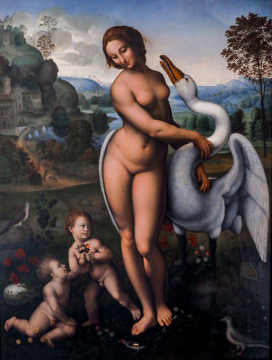 Leda och svanen, Olja på duk av Leonardo da (after) Vinci