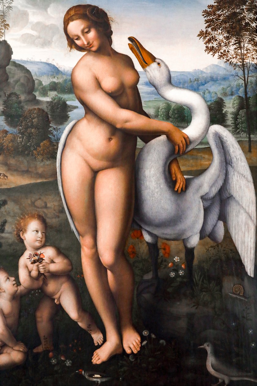 Leda och svanen, Olja på duk av Leonardo da (after) Vinci