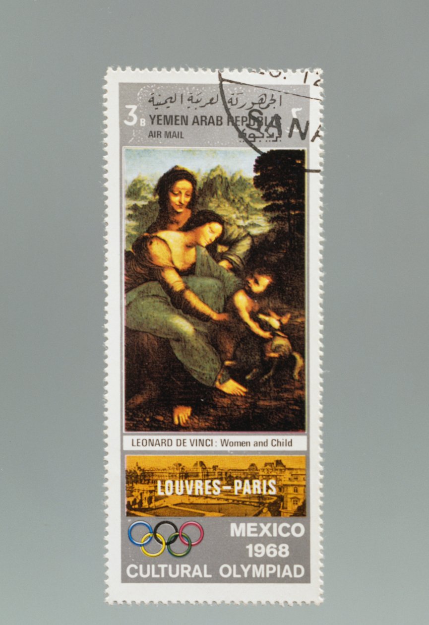 Frimärke för att hedra kultur-OS i Mexiko av Leonardo da (after) Vinci