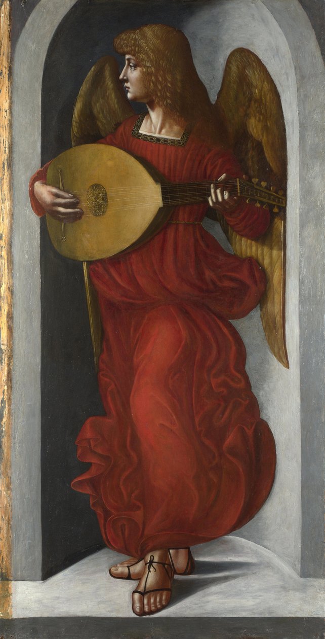 ""An Angel in Red Playing the Lute"" Målning från Leonardo da Vincis följe (Leonarda da Vinci) (1452-1519) ca 1490-1499 London National Gallery av Leonardo da (circle of) Vinci
