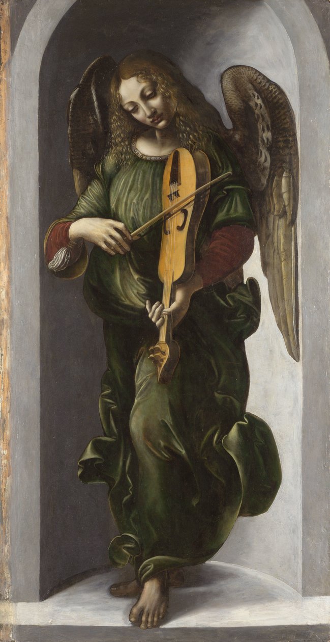 ""En ängel i grönt som spelar det gamla (gamla)"" Målning från Leonardo da Vincis följe (Leonardo da Vinci) (1452-1519) ca 1490-1499 London National Gallery av Leonardo da (circle of) Vinci