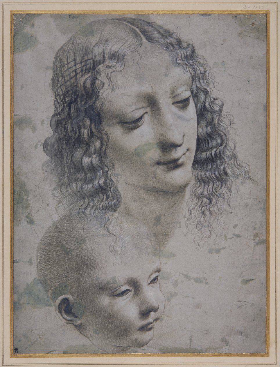 Huvudet på en kvinna och huvudet på en baby (metallspets på grått förberett papper) av Leonardo da (follower of) Vinci