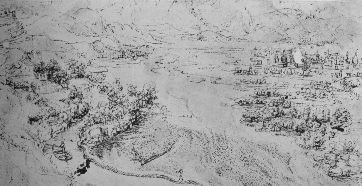 En bred flod med en kanal som rinner bredvid den, c1480 1945 av Leonardo da Vinci