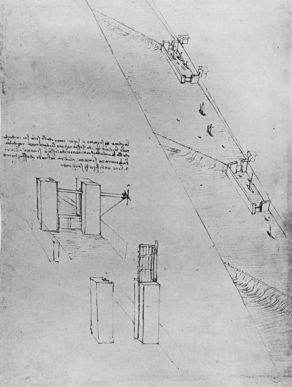 En kanal med slussar och dammar, c1480 1945 av Leonardo da Vinci