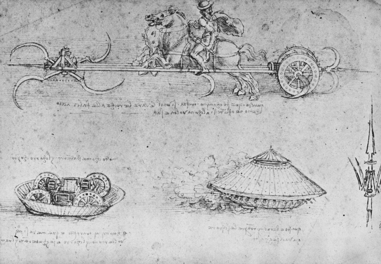 En vagn beväpnad med lie, två teckningar av en sorts stridsvagn och en partisan, c1480 1945 av Leonardo da Vinci