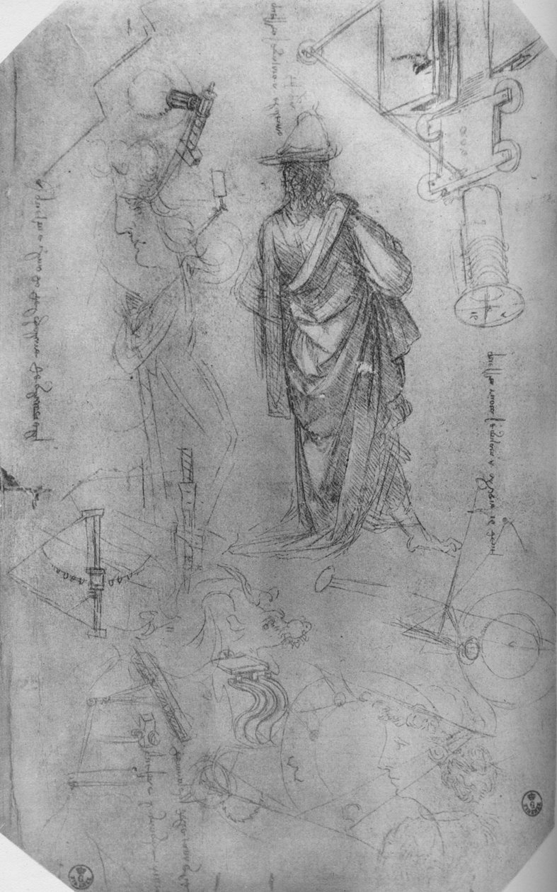 En draperad figur, studier av maskiner etc., c1480 1945 av Leonardo da Vinci