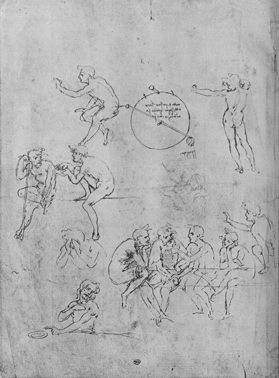 En grupp figurer som samtalar vid ett bord, två figurer i samtal och andra, 1481-1483 1945 av Leonardo da Vinci