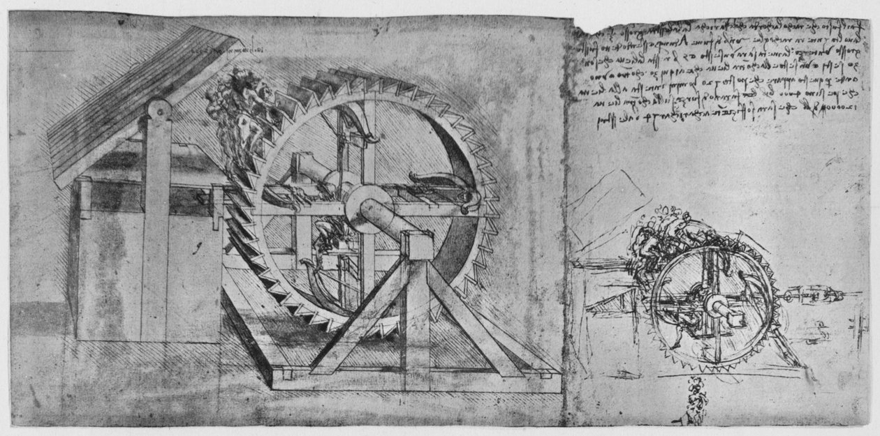 Ett stort hjul som är löst och avfyrar fyra armborst i följd, c1480, 1945 av Leonardo da Vinci