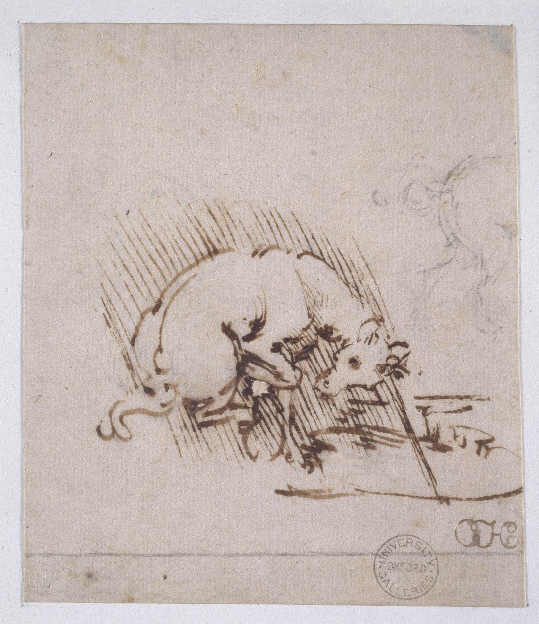 En enhörning som doppar sitt horn i en vattenpöl, ca 1481 (penna, bläck och metallspets på papper) av Leonardo da Vinci