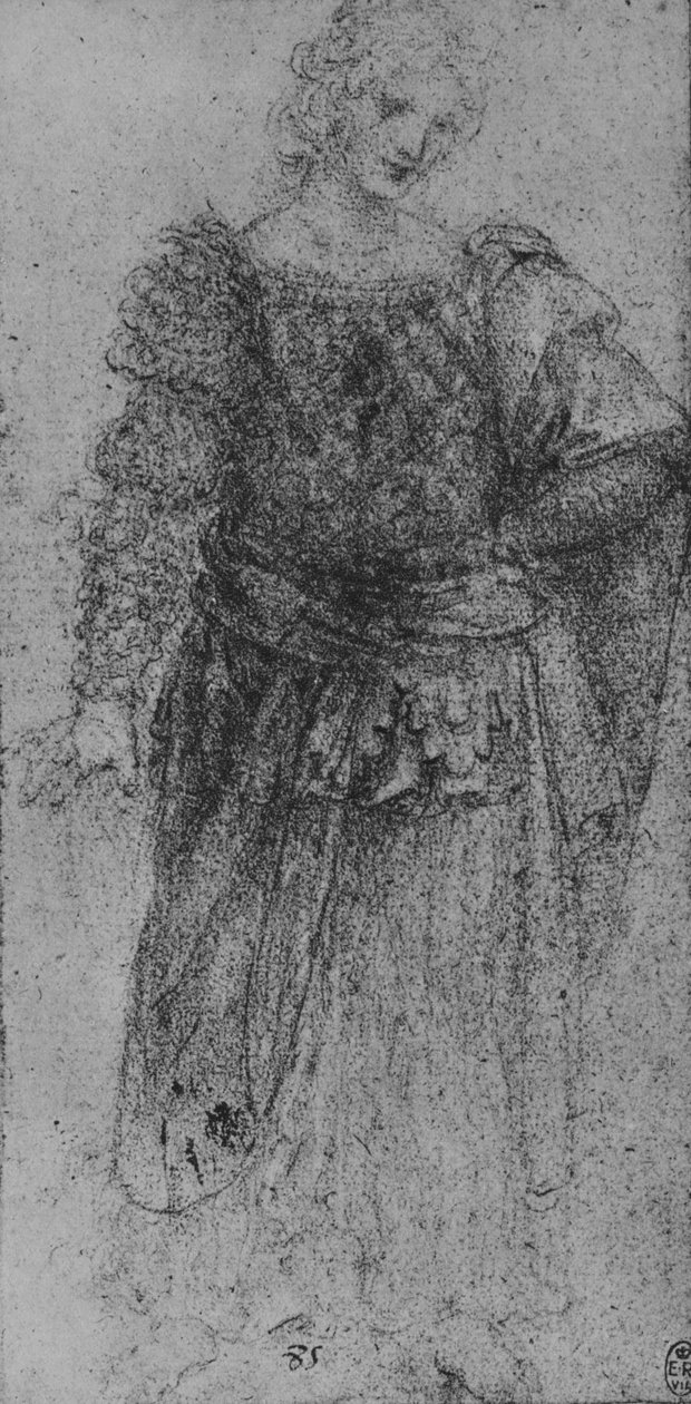 En kvinna med ett flätat livstycke och en mantel över sin vänstra arm, c1480 1945 av Leonardo da Vinci